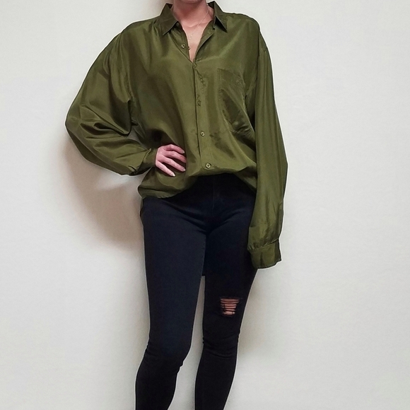 Vintage 90s IOU Silk Olive Oversized Button Up Hi-low Tunic Blouse Mini Dress M - Picture 2 of 13